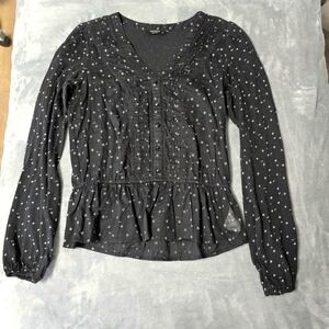 2/$30 Lucky Brand Black Cottagecore Boho Womens‎ Blouse Size XS Polka Dot Cotton